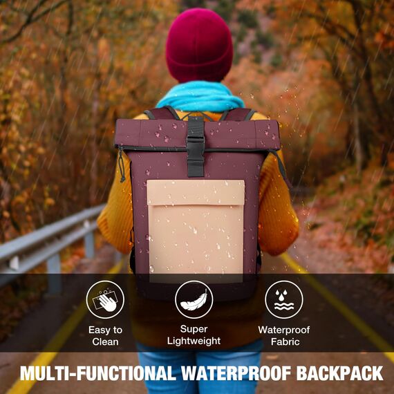 Lekeinchi Rolltop Rucksack Damen & Herren, Elegant Laptop Rucksack Wasserdicht mit 17 Zoll Laptopfach, Großer Reiserucksack Tagesrucksack Schulrucksack für Reisen, Uni Schule, Arbeit - Rotwein