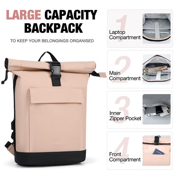 Lekeinchi Rolltop Rucksack Damen & Herren, Elegant Laptop Rucksack Wasserdicht mit 17 Zoll Laptopfach, Großer Reiserucksack Tagesrucksack Schulrucksack für Reisen, Uni Schule, Arbeit - Rosa