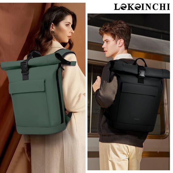Lekeinchi Rolltop Rucksack Damen & Herren, Elegant Laptop Rucksack Wasserdicht mit 17 Zoll Laptopfach, Großer Reiserucksack Tagesrucksack Schulrucksack für Reisen, Uni Schule, Arbeit - Grün