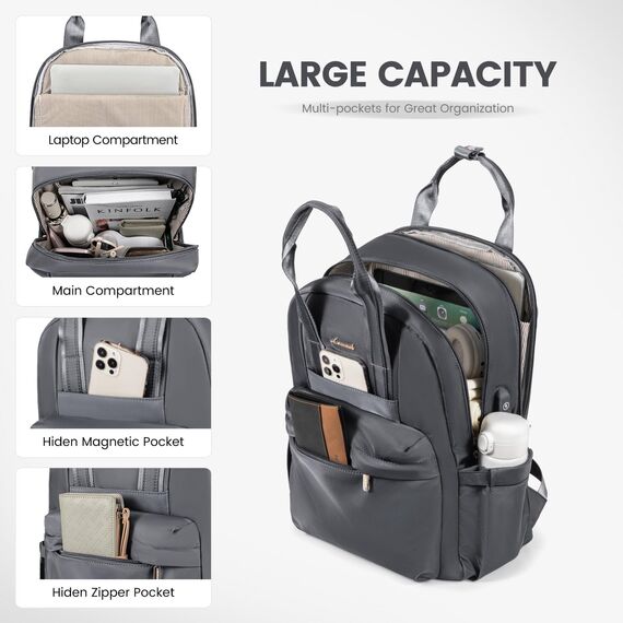 LOVEVOOK Laptop Rucksack Damen, 15,6 Zoll Schulrucksack Teenager mit USB Ladeanschluss, Wasserdicht Tagesrucksäcke Reiserucksack, Elegant Travel Backpack Daypack für Schule Büro Reise, Dunkelgrau