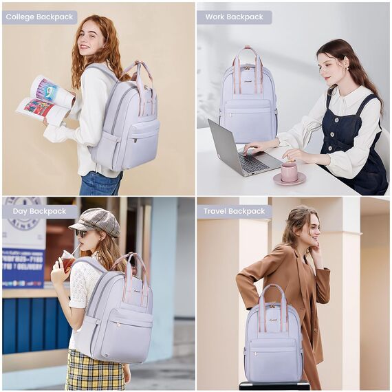 LOVEVOOK Rucksack Damen, 15,6 Zoll Laptoptasche Wasserdicht Schulrucksack Mädchen Teenager Daypacks mit USB Ladeanschluss, Elegant Arbeitstasche Backpack Women für Schule Freizeit Reise, Helllila