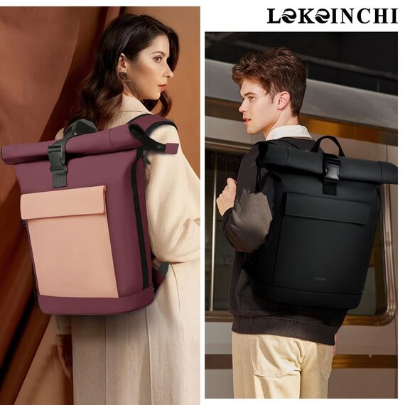 Lekeinchi Rolltop Rucksack Damen & Herren, Elegant Laptop Rucksack Wasserdicht mit 17 Zoll Laptopfach, Großer Reiserucksack Tagesrucksack Schulrucksack für Reisen, Uni Schule, Arbeit - Rotwein