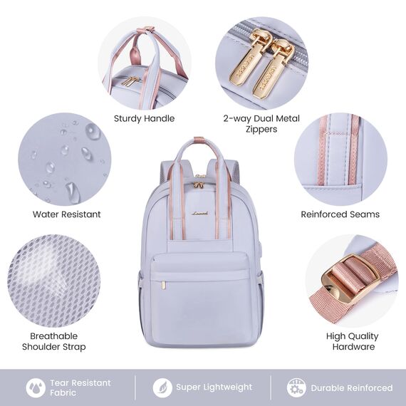 LOVEVOOK Rucksack Damen, 15,6 Zoll Laptoptasche Wasserdicht Schulrucksack Mädchen Teenager Daypacks mit USB Ladeanschluss, Elegant Arbeitstasche Backpack Women für Schule Freizeit Reise, Helllila