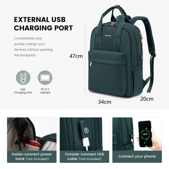 LOVEVOOK Rucksack Damen Groß, 17 Zoll Laptop Schulrucksack Teenager mit Laptopfach, Elegant Schultasche Tagesrucksäcke Handgepäck Rucksack für Uni Reise Arbeit, Dunkelgrün