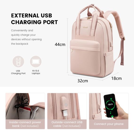 LOVEVOOK Damen Rucksack, 15,6 Zoll Laptop Schulrucksack Teenager Mädchen mit Laptopfach, Wasserdicht Cityrucksack Reiserucksack Modern, Elegant Lehrertasche Backpack Women für Freizeit Reise, Rosa