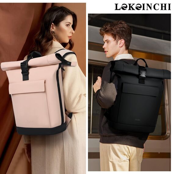 Lekeinchi Rolltop Rucksack Damen & Herren, Elegant Laptop Rucksack Wasserdicht mit 17 Zoll Laptopfach, Großer Reiserucksack Tagesrucksack Schulrucksack für Reisen, Uni Schule, Arbeit - Rosa