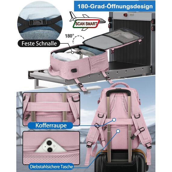 KLOSTAIN für Easyjet Handgepäck 45x36x20 Handgepäck Rucksack Reiserucksack Flugzeug Tasche Laptop Rucksack 14 Zoll für Herren Damen Schulrucksack Teenager Jungen,Hellrosa