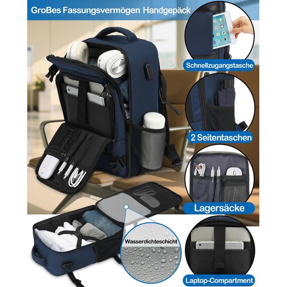 KLOSTAIN Handgepäck Rucksack 40x20x25 für Ryanair und Eurowings - Klein Reiserucksack Tasche für Flugzeug - Schulrucksack für Damen, Herren, Teenager, Tiefblau