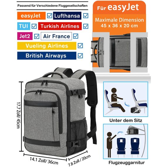 KLOSTAIN für Easyjet Handgepäck 45x36x20 Handgepäck Rucksack Reiserucksack Flugzeug Tasche Laptop Rucksack 14 Zoll für Herren Damen Schulrucksack Teenager Jungen,Hellgrau-Melange