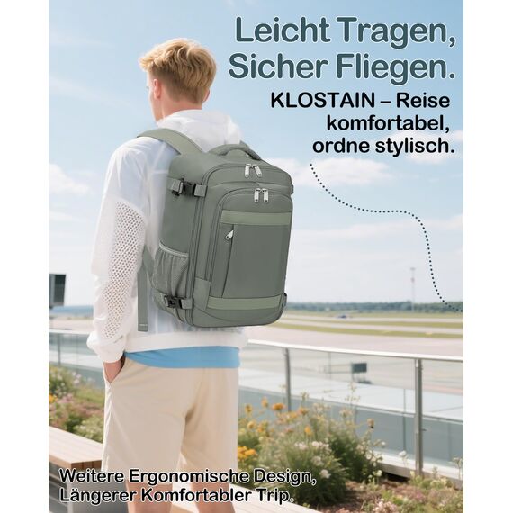 KLOSTAIN für Easyjet Handgepäck 45x36x20 Handgepäck Rucksack Reiserucksack Flugzeug Tasche Laptop Rucksack 14 Zoll für Herren Damen Schulrucksack Teenager Jungen,Grün