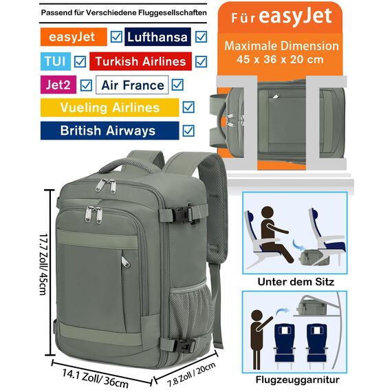 KLOSTAIN für Easyjet Handgepäck 45x36x20 Handgepäck Rucksack Reiserucksack Flugzeug Tasche Laptop Rucksack 14 Zoll für Herren Damen Schulrucksack Teenager Jungen,Grün