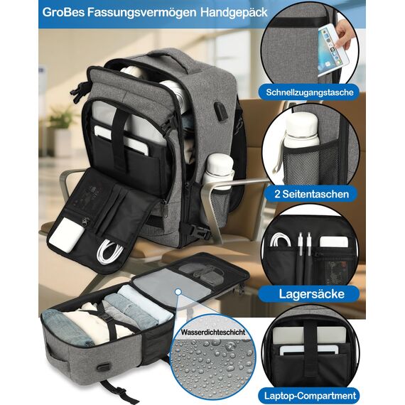 KLOSTAIN für Easyjet Handgepäck 45x36x20 Handgepäck Rucksack Reiserucksack Flugzeug Tasche Laptop Rucksack 14 Zoll für Herren Damen Schulrucksack Teenager Jungen,Hellgrau-Melange