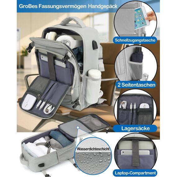 KLOSTAIN für Easyjet Handgepäck 45x36x20 Handgepäck Rucksack Reiserucksack Flugzeug Tasche Laptop Rucksack 14 Zoll für Herren Damen Schulrucksack Teenager Jungen,Hellgrau