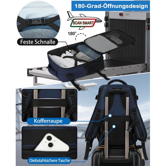 KLOSTAIN Handgepäck Rucksack 40x20x25 für Ryanair und Eurowings - Klein Reiserucksack Tasche für Flugzeug - Schulrucksack für Damen, Herren, Teenager, Tiefblau