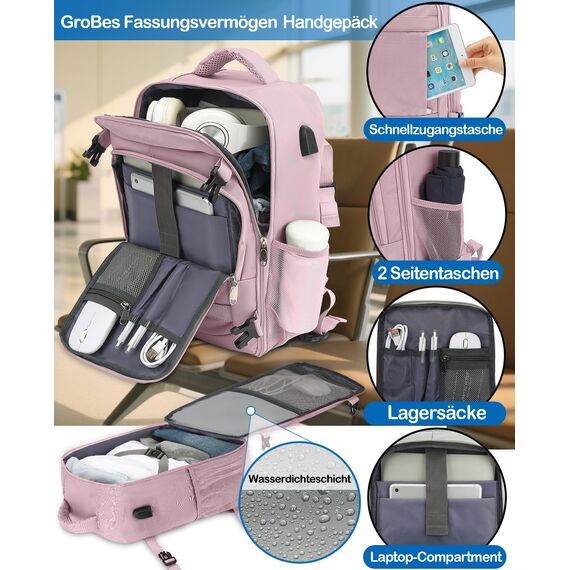 KLOSTAIN Handgepäck Rucksack 40x20x25 für Ryanair Klein Flugzeug Reiserucksack Tasche Rucksack Handgepäck Eurowings für Damen Herren Schulrucksack Teenager,Hellrosa