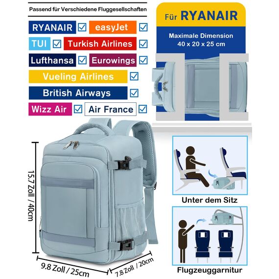 KLOSTAIN Handgepäck Rucksack 40x20x25 für Ryanair, Eurowings - Damen, Herren, Teenager Schulrucksack, Reiserucksack, Tasche - Einfarbige Farbe