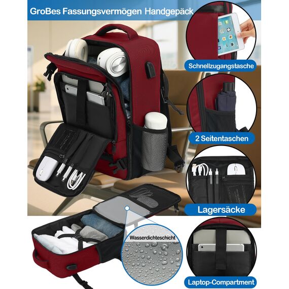 KLOSTAIN für Easyjet Handgepäck 45x36x20 Handgepäck Rucksack Reiserucksack Flugzeug Tasche Laptop Rucksack 14 Zoll für Herren Damen Schulrucksack Teenager Jungen,Rot