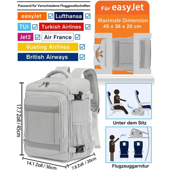 KLOSTAIN für Easyjet Handgepäck 45x36x20 Handgepäck Rucksack Reiserucksack Flugzeug Tasche Laptop Rucksack 14 Zoll für Herren Damen Schulrucksack Teenager Jungen,Hellgrau