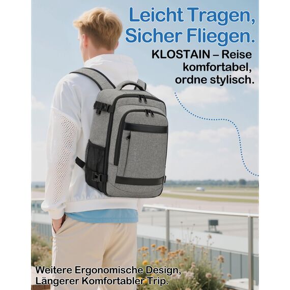 KLOSTAIN für Easyjet Handgepäck 45x36x20 Handgepäck Rucksack Reiserucksack Flugzeug Tasche Laptop Rucksack 14 Zoll für Herren Damen Schulrucksack Teenager Jungen,Hellgrau-Melange