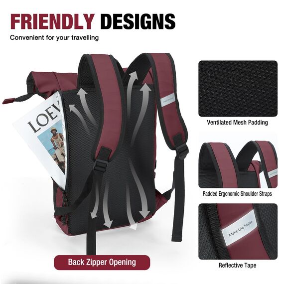 Lekeinchi Rolltop Rucksack Damen & Herren, Elegant Laptop Rucksack Wasserdicht mit 17 Zoll Laptopfach, Großer Reiserucksack Tagesrucksack Schulrucksack für Reisen, Uni Schule, Arbeit - Rotwein