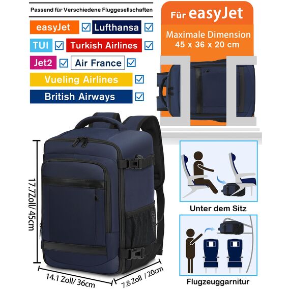 KLOSTAIN für Easyjet Handgepäck 45x36x20 Handgepäck Rucksack Reiserucksack Flugzeug Tasche Laptop Rucksack 14 Zoll für Herren Damen Schulrucksack Teenager Jungen,Tiefblau