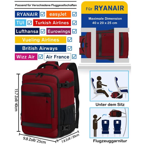 KLOSTAIN Handgepäck Rucksack 40x20x25 für Ryanair Klein Flugzeug Reiserucksack Tasche Rucksack Handgepäck Eurowings für Damen Herren Schulrucksack Teenager,Rot