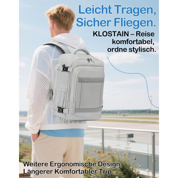 KLOSTAIN für Easyjet Handgepäck 45x36x20 Handgepäck Rucksack Reiserucksack Flugzeug Tasche Laptop Rucksack 14 Zoll für Herren Damen Schulrucksack Teenager Jungen,Hellgrau