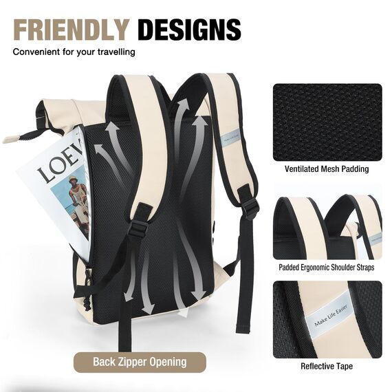 Lekeinchi Rolltop Rucksack Damen & Herren, Elegant Laptop Rucksack Wasserdicht mit 17 Zoll Laptopfach, Großer Reiserucksack Tagesrucksack Schulrucksack für Reisen, Uni Schule, Arbeit - Beige_XL