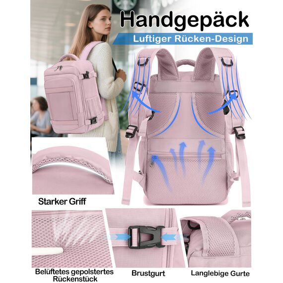 KLOSTAIN für Easyjet Handgepäck 45x36x20 Handgepäck Rucksack Reiserucksack Flugzeug Tasche Laptop Rucksack 14 Zoll für Herren Damen Schulrucksack Teenager Jungen,Hellrosa