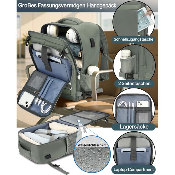 KLOSTAIN für Easyjet Handgepäck 45x36x20 Handgepäck Rucksack Reiserucksack Flugzeug Tasche Laptop Rucksack 14 Zoll für Herren Damen Schulrucksack Teenager Jungen,Grün