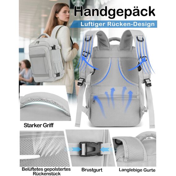 KLOSTAIN für Easyjet Handgepäck 45x36x20 Handgepäck Rucksack Reiserucksack Flugzeug Tasche Laptop Rucksack 14 Zoll für Herren Damen Schulrucksack Teenager Jungen,Hellgrau