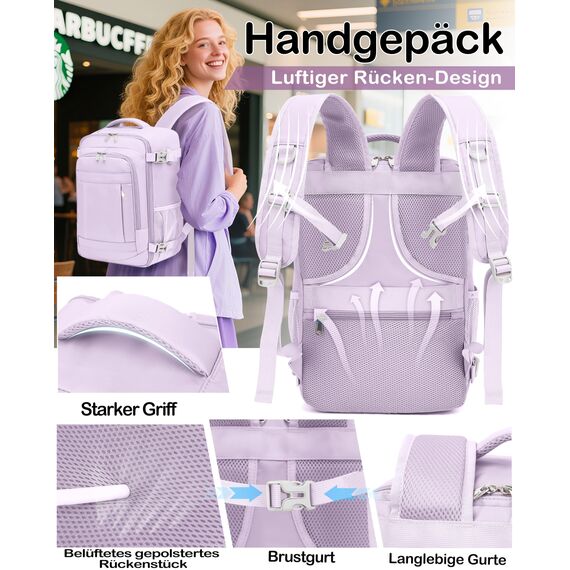 KLOSTAIN Handgepäck Rucksack 40x20x25 für Ryanair und Eurowings Rucksack Travel Backpack Bag Klein Reiserucksack Tasche für Flugzeug - Schulrucksack für Damen, Herren, Teenager, Lichtlila