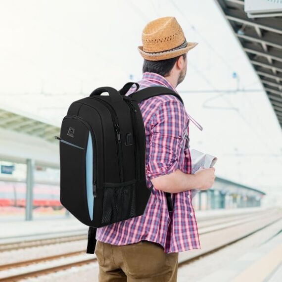 MATEIN Business Rucksack Herren, 17,3 Zoll Schulrucksack und Laptoptasche mit USB Ladeanschluss, Wasserdichter Travel Backpack für Schule, Arbeit, Radfahren, Schulanfang, Uni und Reisen, Blauschwarz