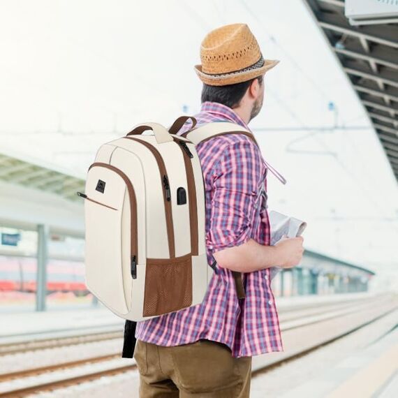 MATEIN Travel Laptop Rucksack, 18,4 Zoll Wasserdichter Schulrucksack, Business Anti Diebstahl, schlank und robust, mit USB Ladeanschluss, College Laptoptasche, Geschenk für Herren Damen, Beigebraun