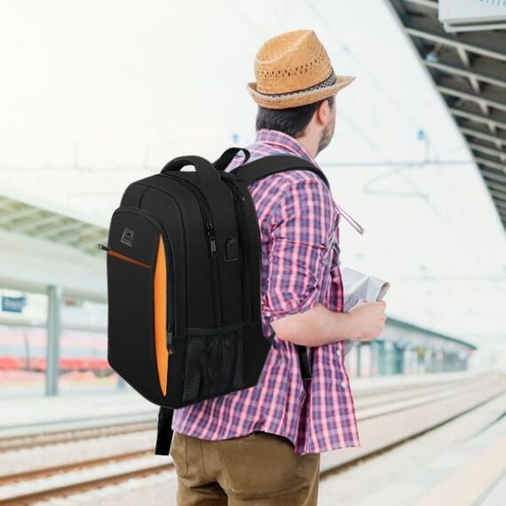 MATEIN Schulrucksack Teenager, Laptop Rucksack 17,3 Zoll Schulrucksack Jungen, Laptoptasche mit USB Ladeanschluss für Arbeit, Reisen, Wanderrucksack, Schulanfang, Essential Bag Damen, Schwarzorange