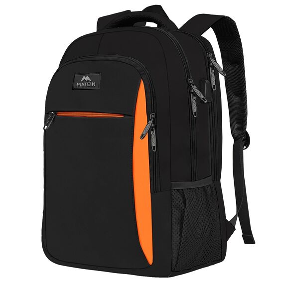 MATEIN Schulrucksack Teenager, Laptop Rucksack 17,3 Zoll Schulrucksack Jungen, Laptoptasche mit USB Ladeanschluss für Arbeit, Reisen, Wanderrucksack, Schulanfang, Essential Bag Damen, Schwarzorange