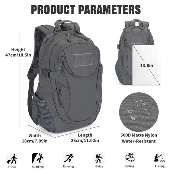 VINBAGGE Rucksack Taktischer Motorrad Wanderrucksack Outdoor Wasserdicht Trekkingrucksack 25L Campus Wandern Arbeit Schulrucksack Jungen Daypack für Herren Damen Grau（500D-Aufrüstung）