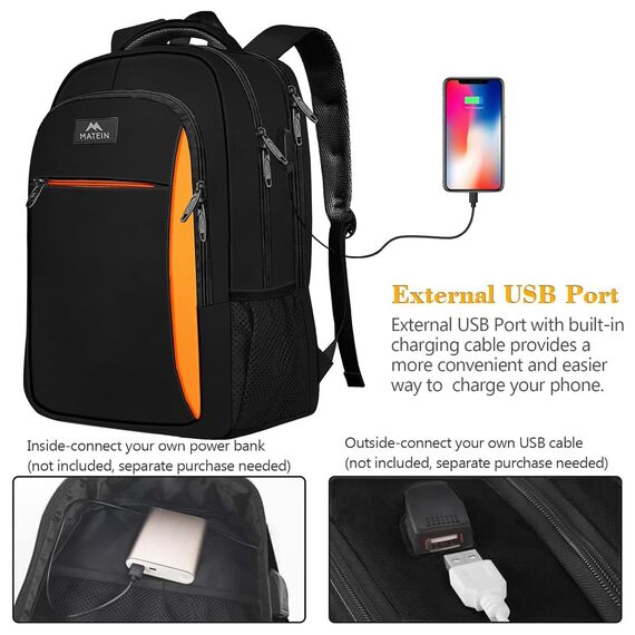 MATEIN Business Laptop Rucksack 15,6 Zoll Reise Laptoptasche mit USB Ladeanschluss Wasserabweisend Daypack Arbeit College Computer Herren Damen, Schwarzorange