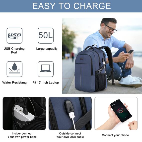 WENIG 17.3 Zoll Laptop Rucksack Herren 50L,Extra Groß Wasserdichte Arbeit Rucksack,Anti Diebstahl Business Reisen Laptoptasche mit USB Ladeanschluss Notebook Tasche Schulrucksack Herren Damen - Blau