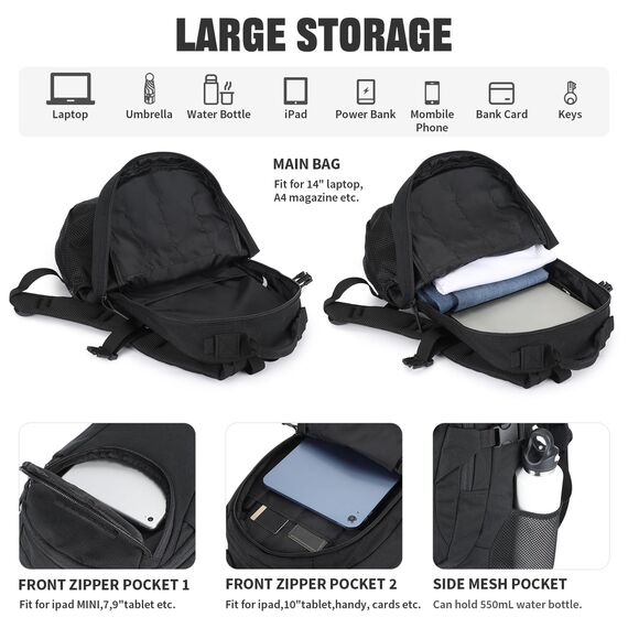 VINBAGGE Rucksack Taktischer Motorrad Wanderrucksack Outdoor Wasserdicht Trekkingrucksack 25L Campus Wandern Arbeit Schulrucksack Jungen Daypack für Herren Damen Schwarz（500D-Aufrüstung）
