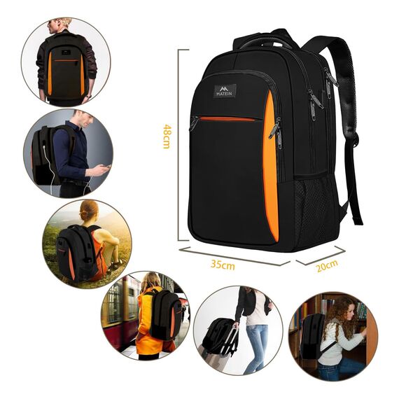 MATEIN Schulrucksack Teenager, Laptop Rucksack 17,3 Zoll Schulrucksack Jungen, Laptoptasche mit USB Ladeanschluss für Arbeit, Reisen, Wanderrucksack, Schulanfang, Essential Bag Damen, Schwarzorange