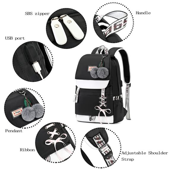 Asge Schulrucksack Mädchen Schulranzen mit Ergonomischem Design Schultasche Campus Backpack Nylon Wasserdicht Daypacks Damen Freizeitrucksack Teenager Rucksäcke Modisch Schule Bag, Schwarz