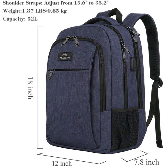 MATEIN Schulrucksack 15,6 Zoll Laptop Notebook Rucksack Backpack Schultasche für Männer mit USB Ladeanschluss Jungen Computertasche Geschenk Reisen Arbeit, Blau