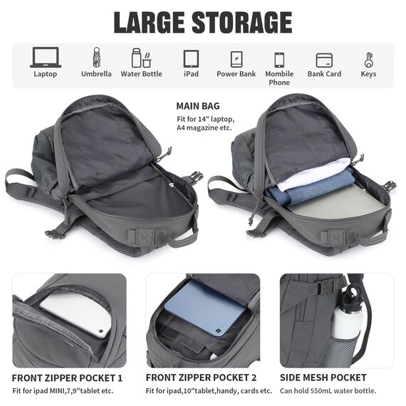 VINBAGGE Rucksack Taktischer Motorrad Wanderrucksack Outdoor Wasserdicht Trekkingrucksack 25L Campus Wandern Arbeit Schulrucksack Jungen Daypack für Herren Damen Grau（500D-Aufrüstung）