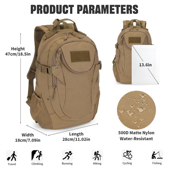 VINBAGGE Rucksack Taktischer Motorrad Wanderrucksack Outdoor Wasserdicht Trekkingrucksack 25L Campus Wandern Arbeit Schulrucksack Jungen Daypack für Herren Damen Braun（500D-Aufrüstung）