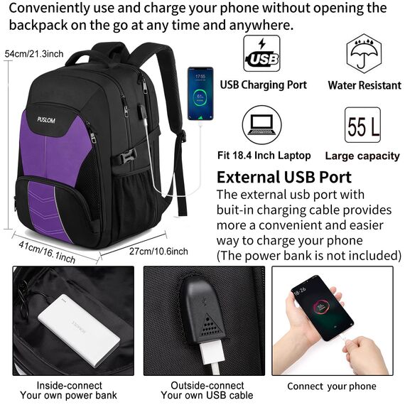 Extra Großer Rucksack Damen 55L Wasserdicht 18.4 Zoll Laptoptasche Arbeit Laptop Rucksack mit USB Ladeanschluss Anti Diebstahl Business Reisen Schulrucksack für Männer Frauen Jungen Teenager Violett