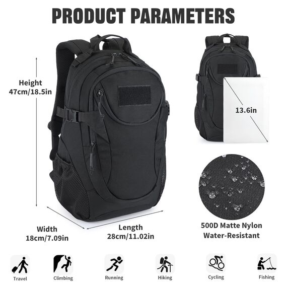 VINBAGGE Rucksack Taktischer Motorrad Wanderrucksack Outdoor Wasserdicht Trekkingrucksack 25L Campus Wandern Arbeit Schulrucksack Jungen Daypack für Herren Damen Schwarz（500D-Aufrüstung）