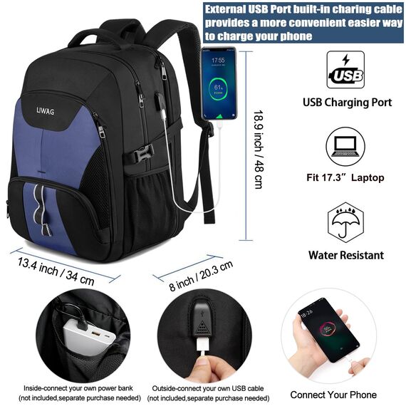 LIWAG Extra Groß Rucksack Herren 50L Wasserdicht 17 Zoll Laptoptasche Arbeit Laptop Rucksack mit USB Ladeanschluss Anti Diebstahl Business Reisen Schulrucksack für Männer Frauen Jungen Teenager Blau