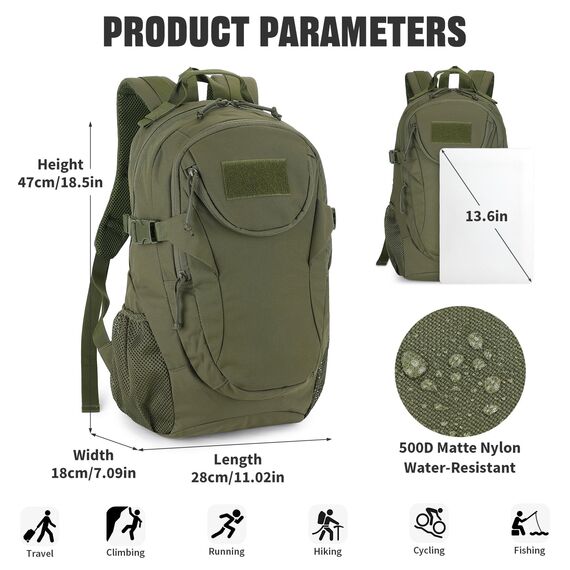 VINBAGGE Rucksack Taktischer Motorrad Wanderrucksack Outdoor Wasserdicht Trekkingrucksack 25L Campus Wandern Arbeit Schulrucksack Jungen Daypack für Herren Damen Grün（500D-Aufrüstung）