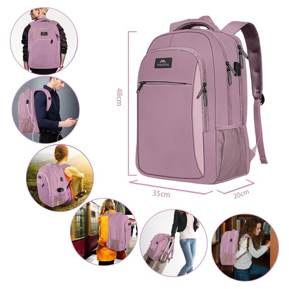 MATEIN Laptop Rucksack Damen, 17,3 Zoll Schulrucksack und Laptoptasche mit USB Ladeanschluss, Anti Diebstahl Business Rucksack für Arbeit, Reisen, Schultasche College Geschenk Männer, Lila